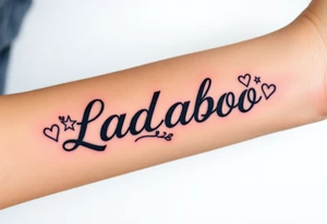 The name Ladaboo with stars and hearts around the name tattoo idea