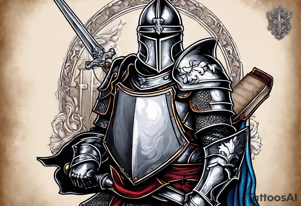 knight holding a bible over his head in combat tattoo idea
