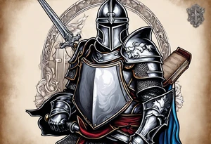 knight holding a bible over his head in combat tattoo idea