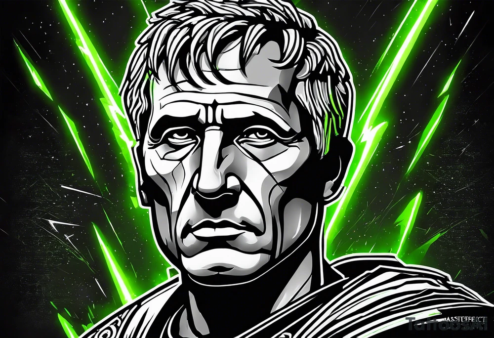 Julius Caesar tattoo with streaks of neon green lightning in the background tattoo idea