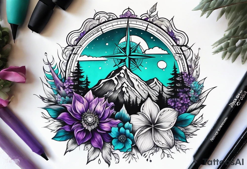 Half Sleeve tattoo: 
mountain in front of a compass rose 
with purple and teal sky, and purple and teal flowers in the foreground. Phoenix in the center tattoo idea