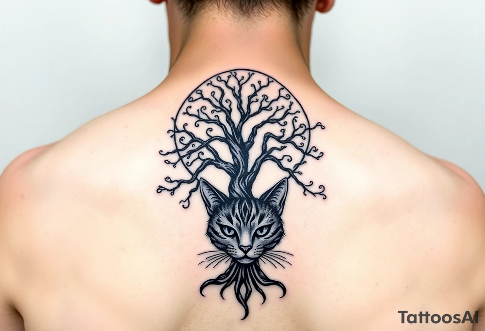 Bright full moon with a tree of life and Cheshire cat face tattoo idea