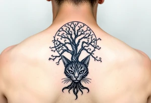 Bright full moon with a tree of life and Cheshire cat face tattoo idea
