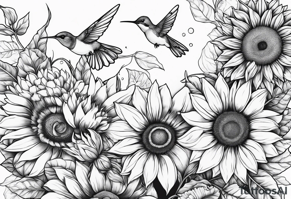 Hunnysuckle flowers with humming birds and sunflowers tattoo idea
