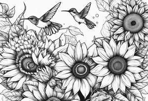 Hunnysuckle flowers with humming birds and sunflowers tattoo idea