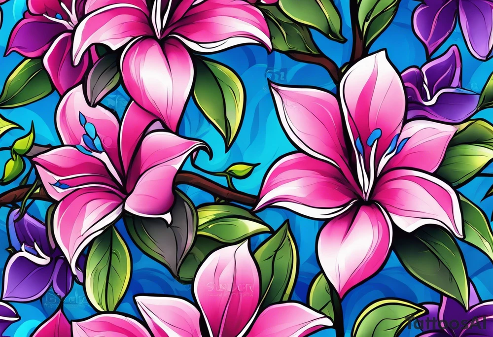 brushstroke abstract pink, purple, and blue mandevilla flowers on a vine, with color leaking out into the background. SOme of the flowers should be full color, and some just linework. It should have a handdrawn, sketch feel. tattoo idea