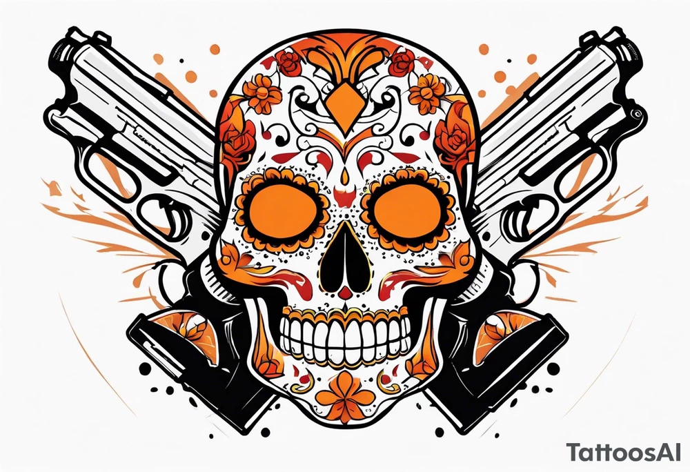 Orange Sugar skull with guns that are orange and red with smoke around it tattoo idea