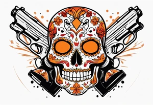 Orange Sugar skull with guns that are orange and red with smoke around it tattoo idea