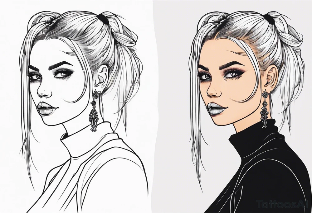 feminine skull and cross bones with hair in two blonde pigtails tattoo idea