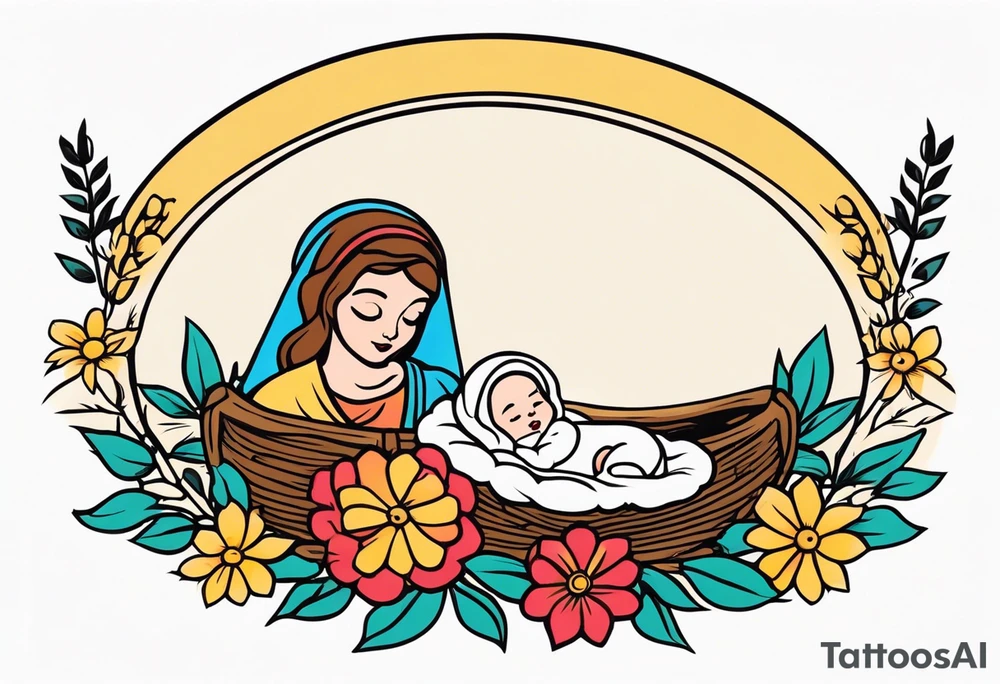 baby jesus in manger

old school vintage simple traditional design with vintage flowers surrounding it bold color simple tattoo idea