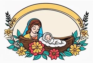 baby jesus in manger

old school vintage simple traditional design with vintage flowers surrounding it bold color simple tattoo idea