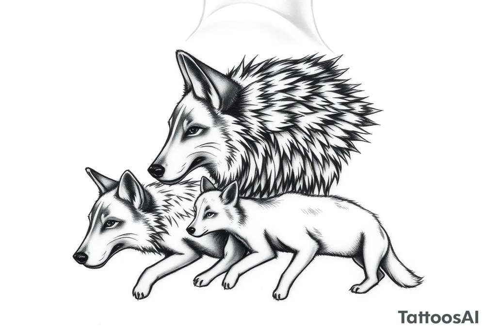 A solitary yet sublime and noble wolf and its progeny. tattoo idea