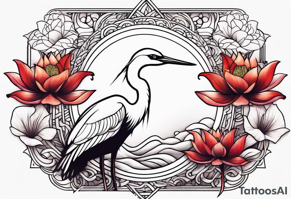 Egret and red lotuses tattoo idea
