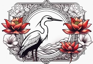 Egret and red lotuses tattoo idea
