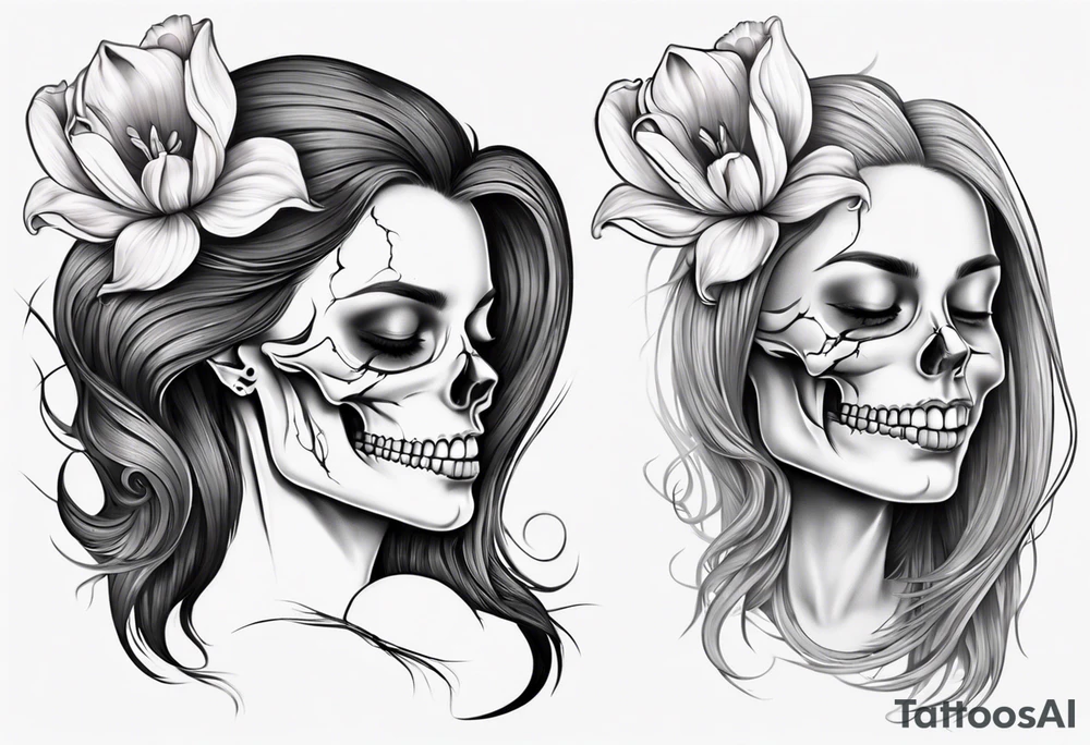 sideview of smiling female skull with long hair, one decayed tulip, one perfect tulip and one tulip bud tattoo idea