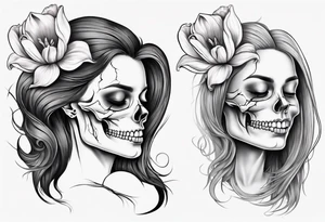 sideview of smiling female skull with long hair, one decayed tulip, one perfect tulip and one tulip bud tattoo idea