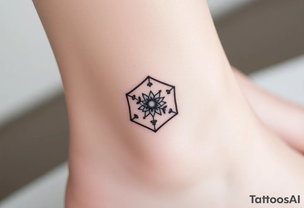 Hexagon with a constellation sign for Leo,  larkspur and water lilies in the center tattoo idea