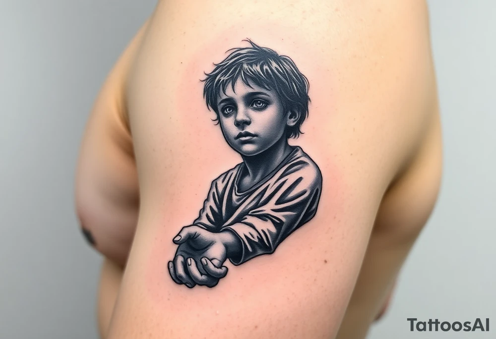 i want a  young boy falling into a void while reaching out to jesus's hand tattoo idea