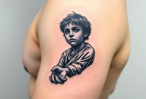 i want a  young boy falling into a void while reaching out to jesus's hand tattoo idea