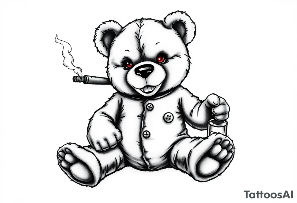 "A black and white realistic tattoo design of a rebellious teddy bear. The bear looks worn out, with visible stitches, a torn ear, and a button eye. It sits in a relaxed pose, holding a smoking cigar in one paw and a whiskey bottle in the other. Some stuffing is peeking through its seams. The bear has a smug expression, and its eyes glow red as a minimal color accent. The style is detailed, dark, and edgy, perfect for a tattoo. tattoo idea