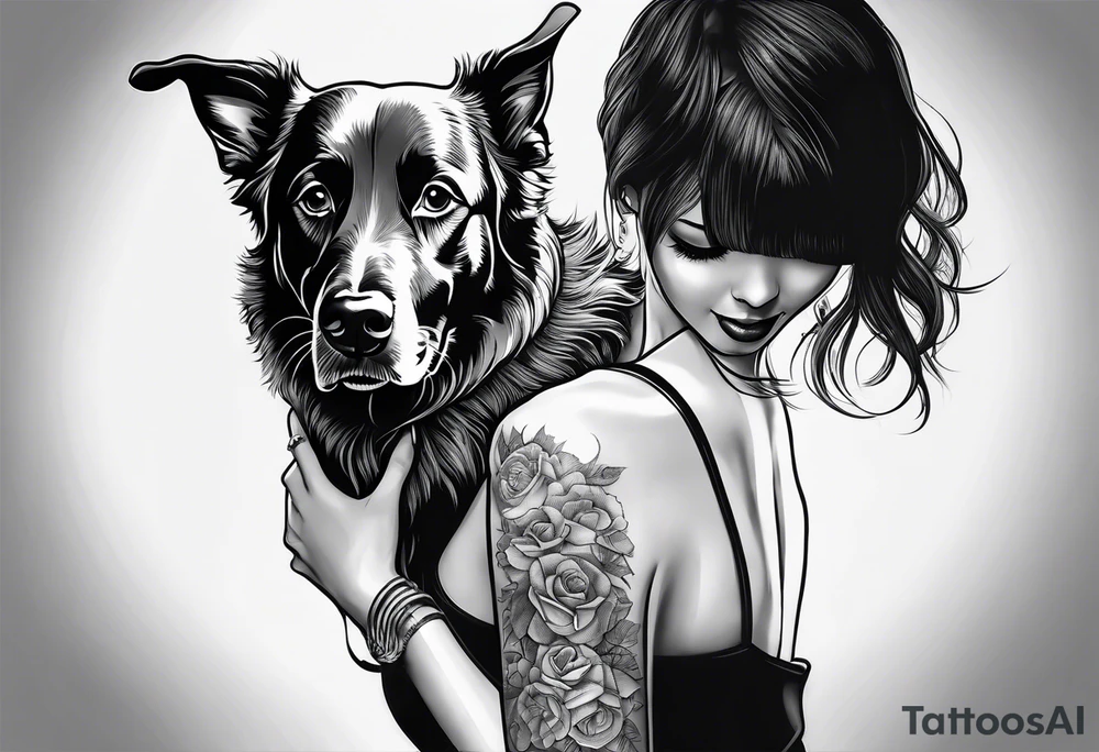 dog in the sky reaching hand of a woman and woman as her back facing us tattoo idea