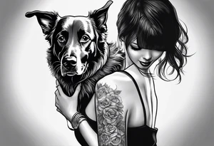 dog in the sky reaching hand of a woman and woman as her back facing us tattoo idea