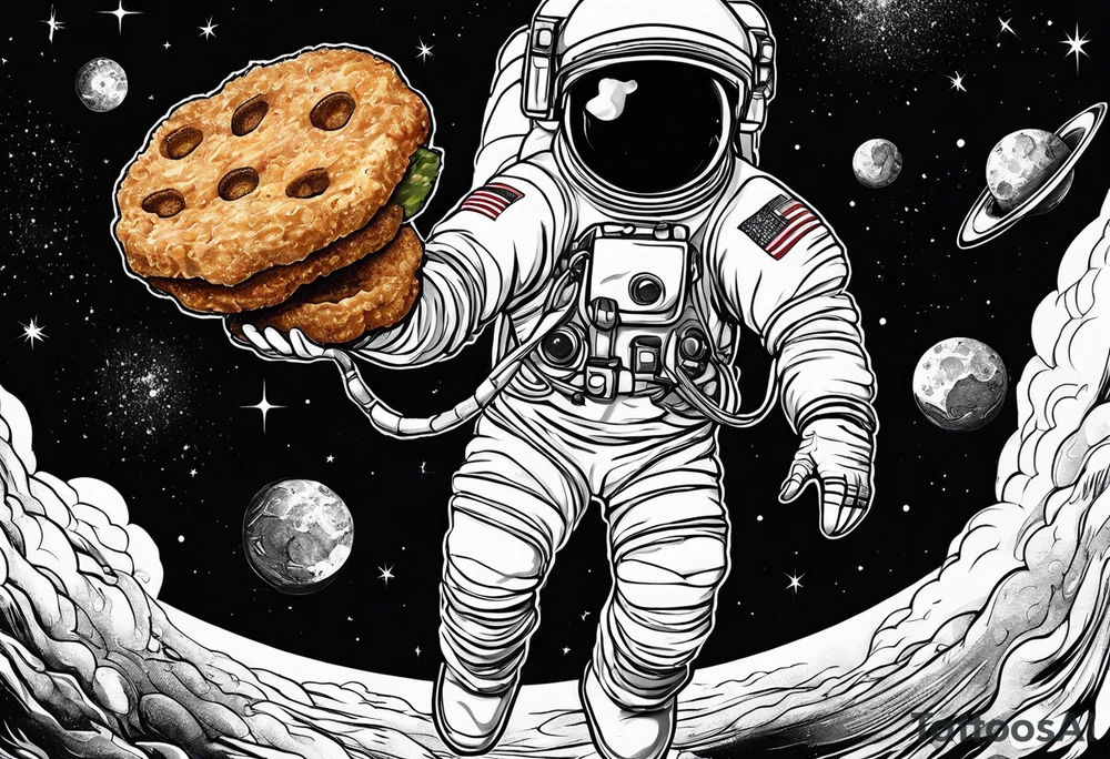 a picture of an astronaut dipping a chicken nugget in sauce while floating in space showing the full body tattoo idea