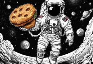 a picture of an astronaut dipping a chicken nugget in sauce while floating in space showing the full body tattoo idea