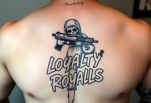 Chest , voodoo doll with a Glock 17 with a extended magazine and a moneybag full of money , loyalty over royalties bubble graffiti letters , and Micheal Myers with a bloody knife tattoo idea