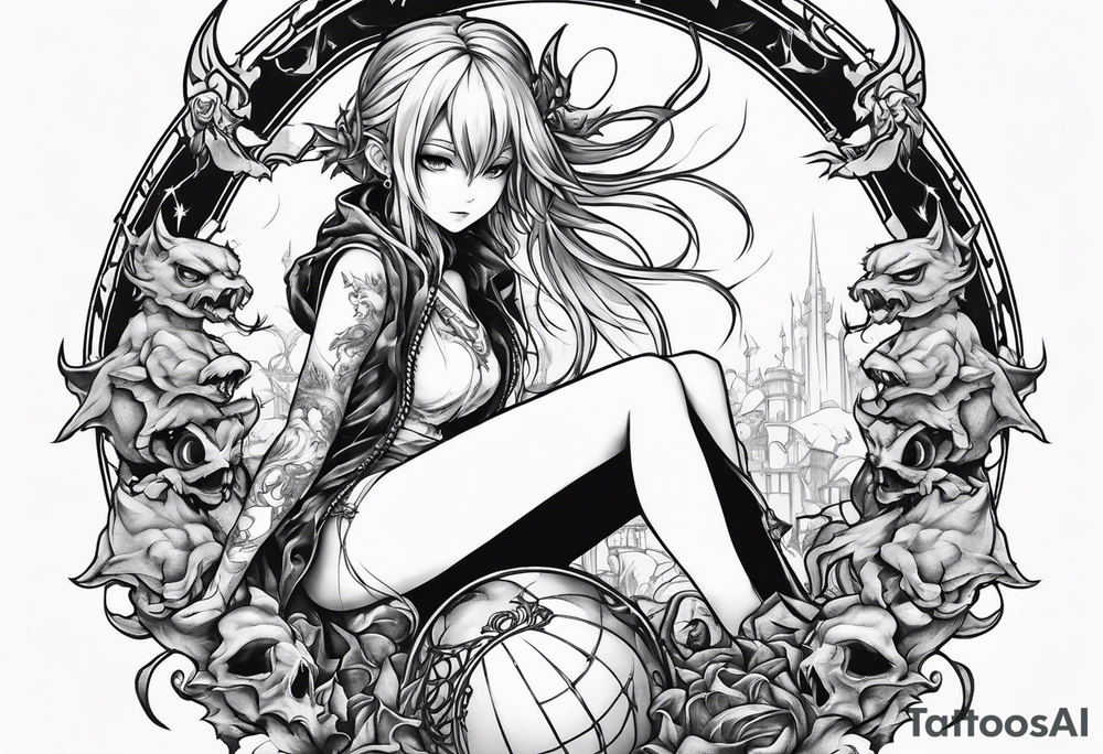 a bleeding anime girl sitting on a ball, and surrounded by gargoyles tattoo idea