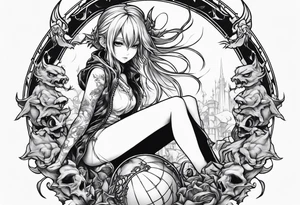a bleeding anime girl sitting on a ball, and surrounded by gargoyles tattoo idea