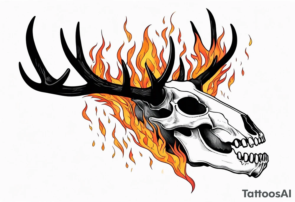 side profile of a DECAYING deer skull JUST BONE supernatural cannibal surrounded by a flames and trees tattoo idea