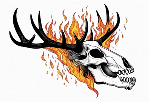 side profile of a DECAYING deer skull JUST BONE supernatural cannibal surrounded by a flames and trees tattoo idea