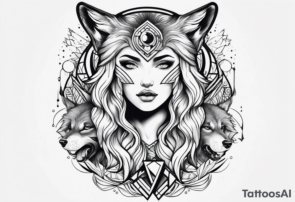 Futuristic design for Virgo and wolves tattoo idea