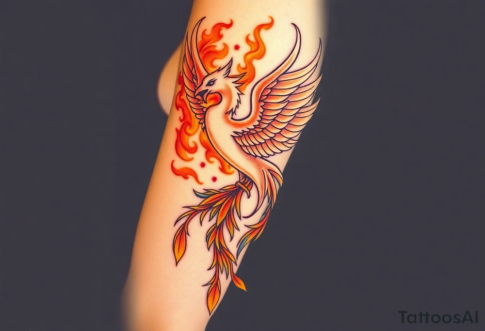 magnificent phoenix rising from golden flames with trailing embers tattoo idea