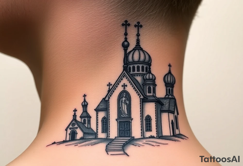 rusian orthodox domes church with a virgin mary in a russian rural village with Church Slavonic script or Cyrillic text — a prayer or meaningful phrase running along the sides tattoo idea