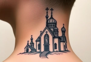 rusian orthodox domes church with a virgin mary in a russian rural village with Church Slavonic script or Cyrillic text — a prayer or meaningful phrase running along the sides tattoo idea