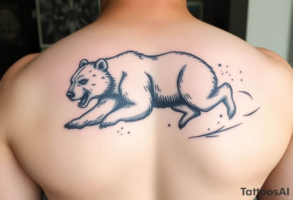 Strong running mother bear in a snowstorm. In calligraphic style tattoo idea