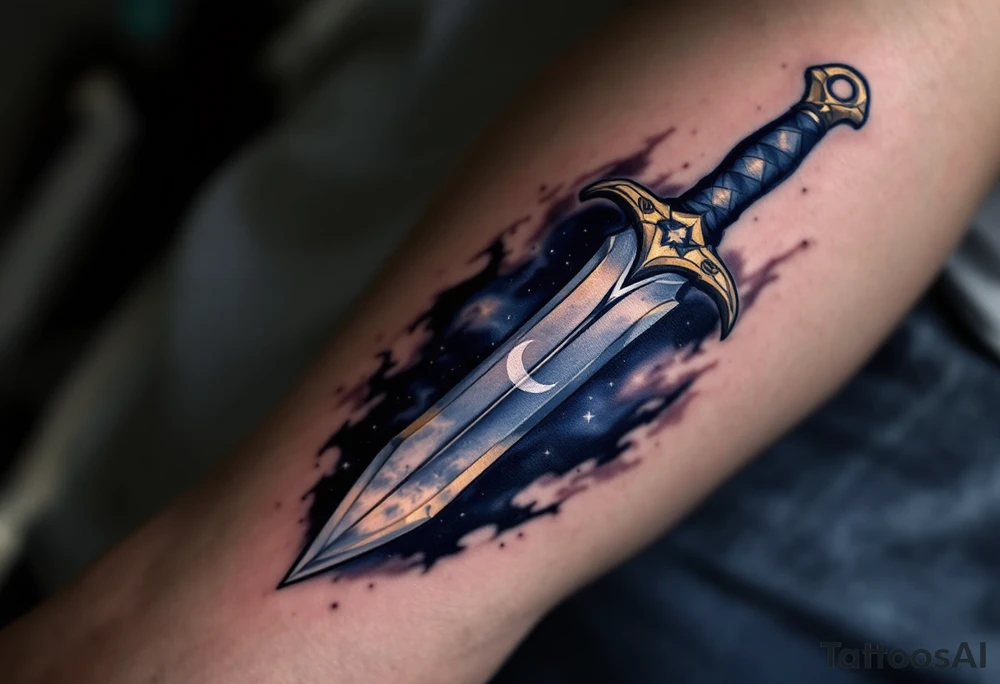 Moonlit Dagger – A dagger with a crescent moon etched into the blade, the moon in soft white and the blade in dark gray with subtle silver highlights. The background is filled with soft blue tones, evoking a night sky. tattoo idea