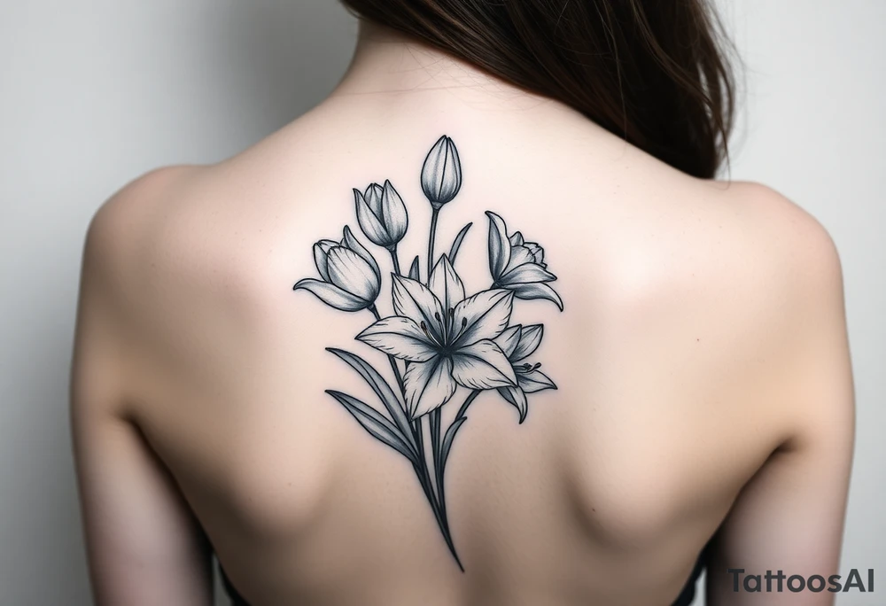 tulips, lily and daffodil clustered together tattoo idea