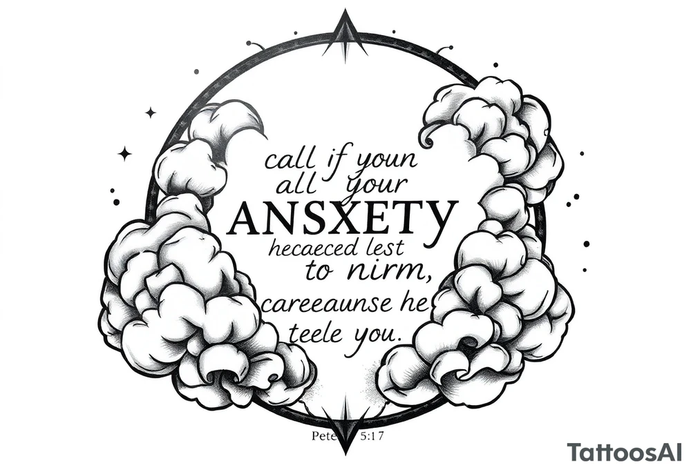 cast all your anxiety on him because he cares for you"  1 peter 5:7 with clouds tattoo idea