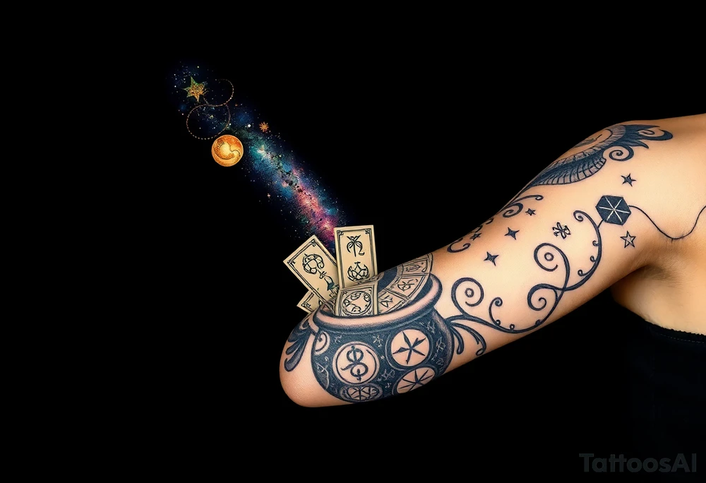 Milky way filled with zodiac symbols runes tarot cards coming out of a cauldron tattoo idea
