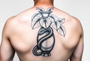 Large Decorative ornamental
 vase with large philodendron leaves with a snake wrapped around showing the head of the  snake with everything in color tattoo idea