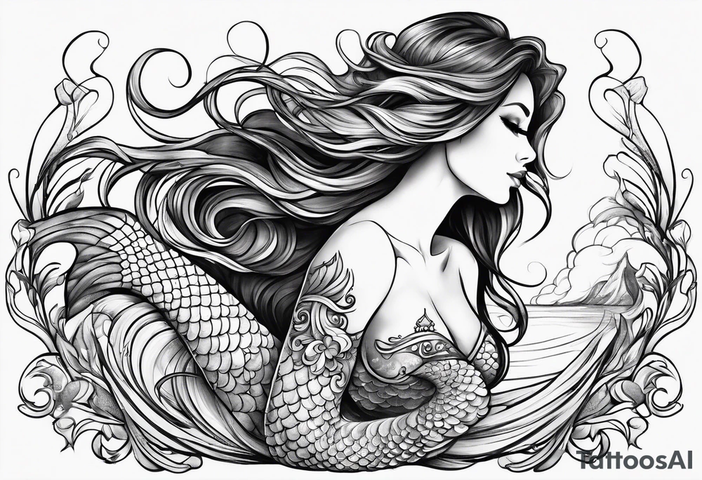 sexy full bodied mermaid with flowing tail and hair, tattoo sleeve tattoo idea