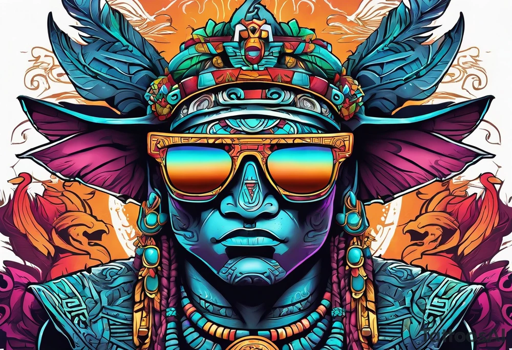 Colorful Mayan god hieroglyph wearing sunglasses with bats and water tattoo idea