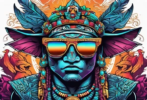 Colorful Mayan god hieroglyph wearing sunglasses with bats and water tattoo idea