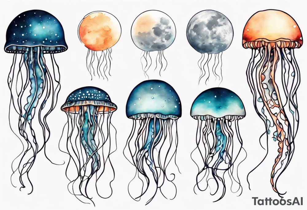 1 jellyfish swimming in front of the moon tattoo idea