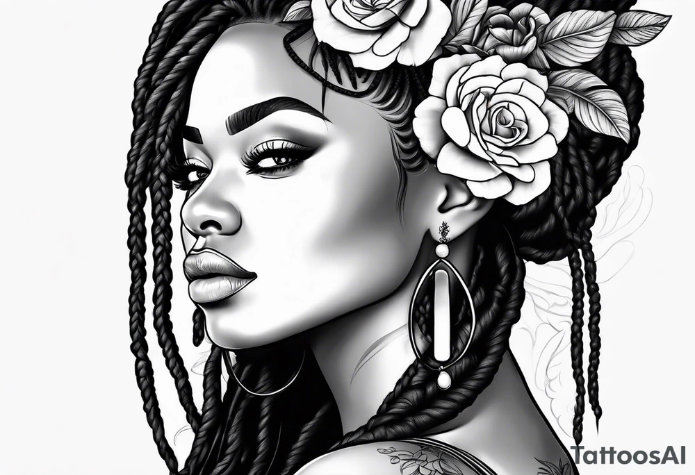 Black woman with long locs and flowers tattoo idea