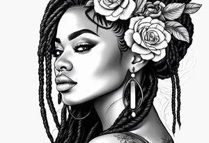 Black woman with long locs and flowers tattoo idea