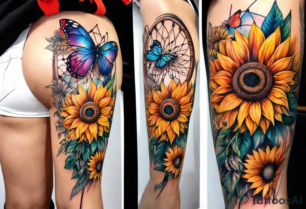 Leg sleeve with dreamcatcher, rainbow sunflowers and one butterfly tattoo idea